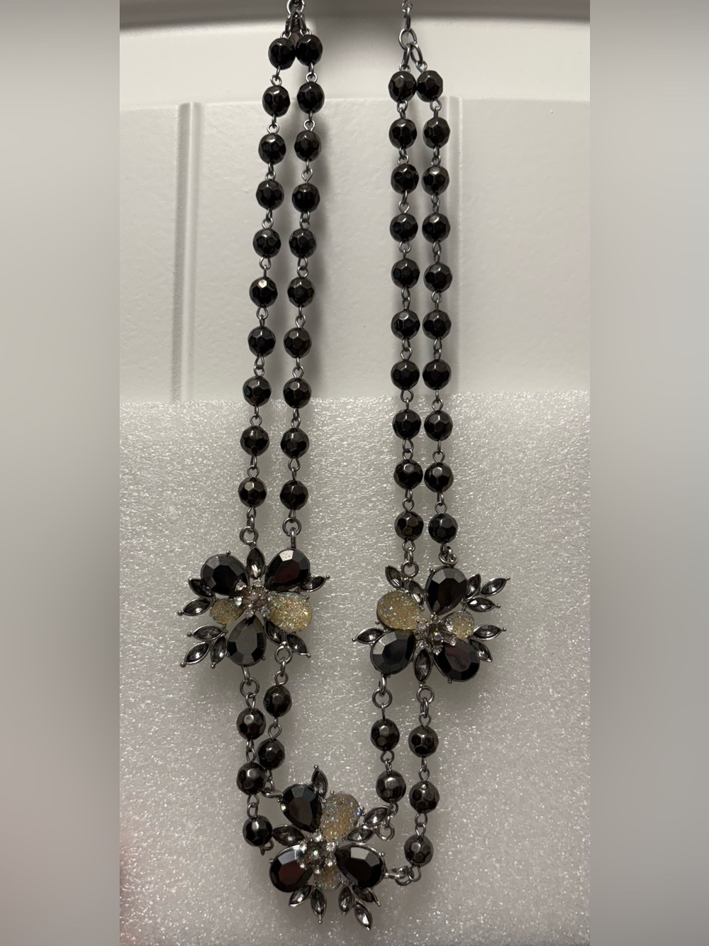 New York & Company Black and Silver Floral Crystal Necklace - Women Jewelry